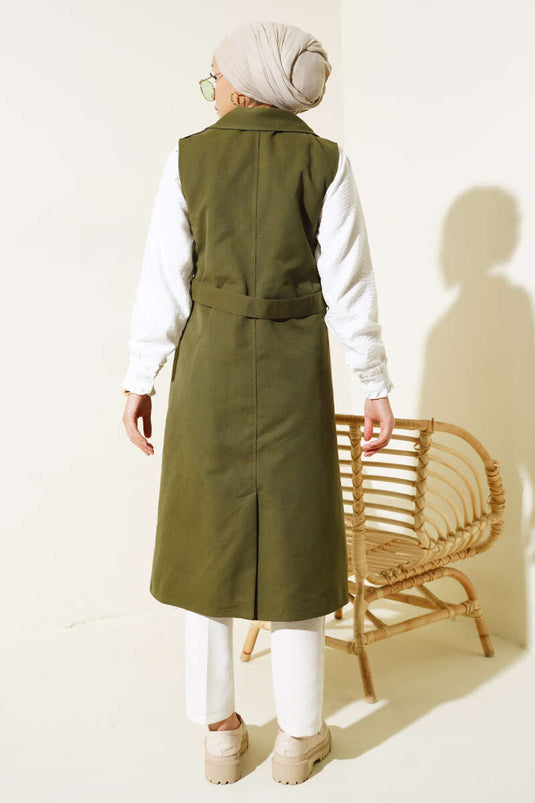 Belted Sleeveless Trench Coat Khaki