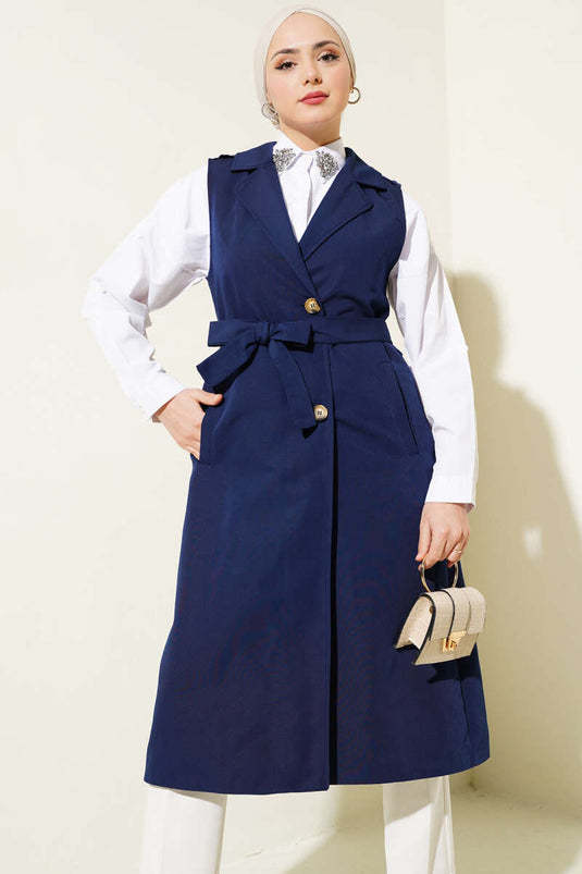 Belted Sleeveless Trench Coat Navy Blue