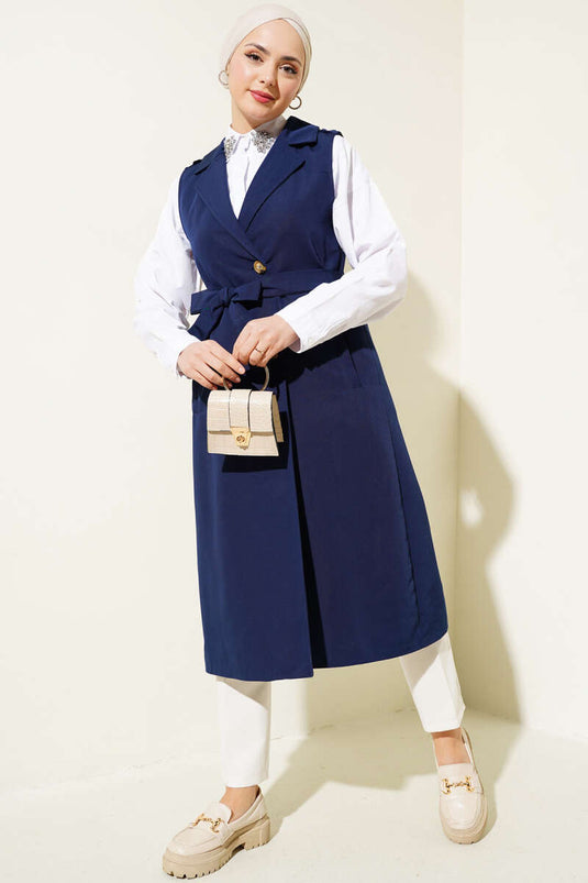 Belted Sleeveless Trench Coat Navy Blue