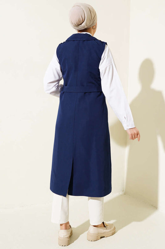 Belted Sleeveless Trench Coat Navy Blue