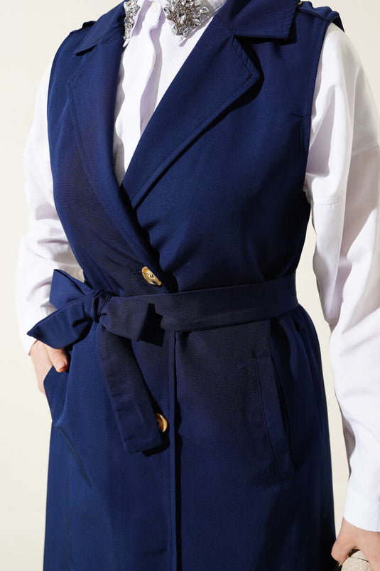 Belted Sleeveless Trench Coat Navy Blue