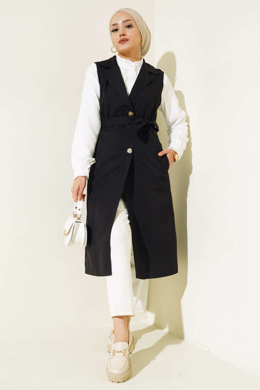 Belted Sleeveless Trench Coat Black