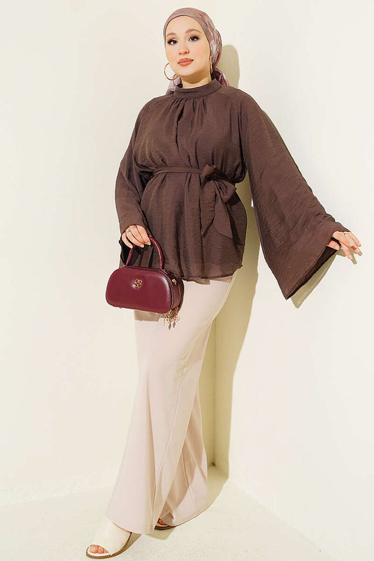 Tunique En Chiffon À Ceinture Et Manches Batwing Couleur Café Épicé