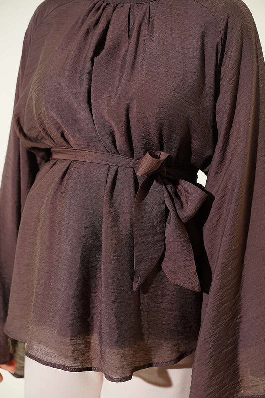 Tunique En Chiffon À Ceinture Et Manches Batwing Couleur Café Épicé