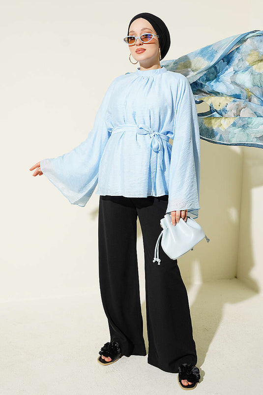 Tunique En Chiffon À Ceinture Et Manches Batwing Bleue
