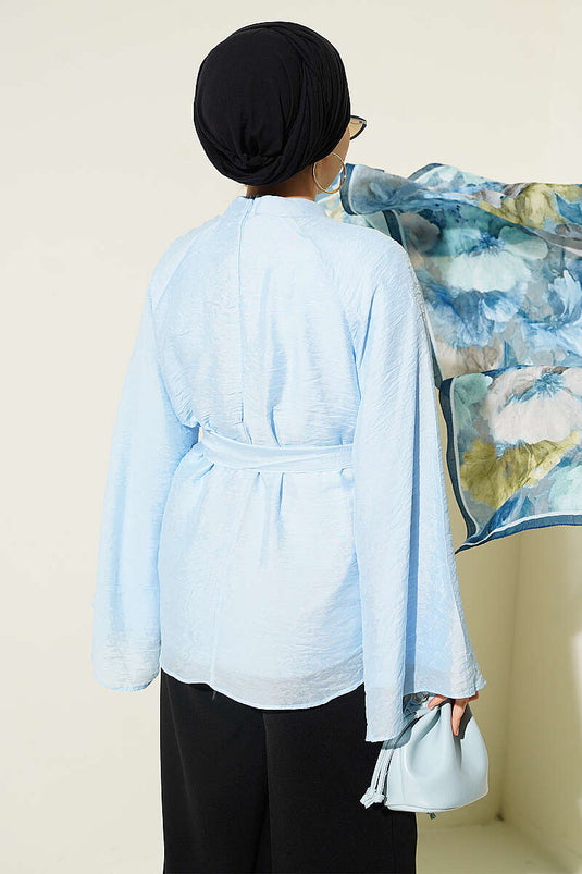 Tunique En Chiffon À Ceinture Et Manches Batwing Bleue