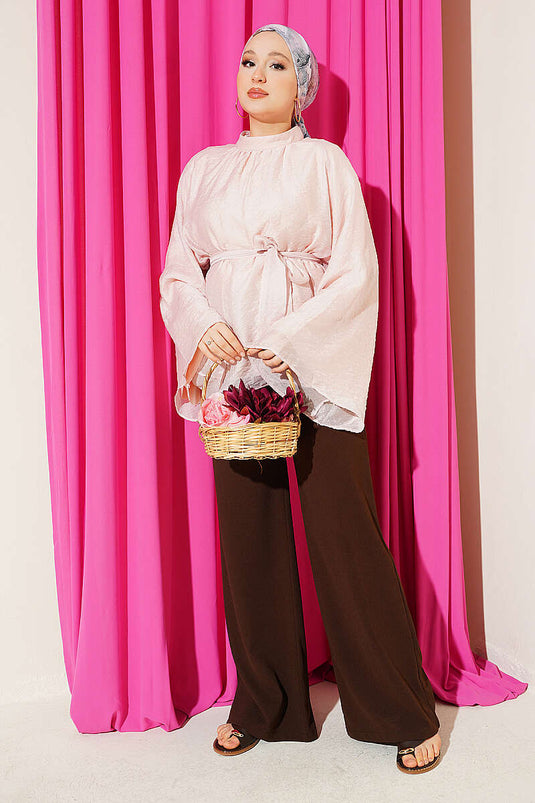 Gürtel-Tunika Aus Chiffon Mit Batwing-Ärmeln In Pudraroze