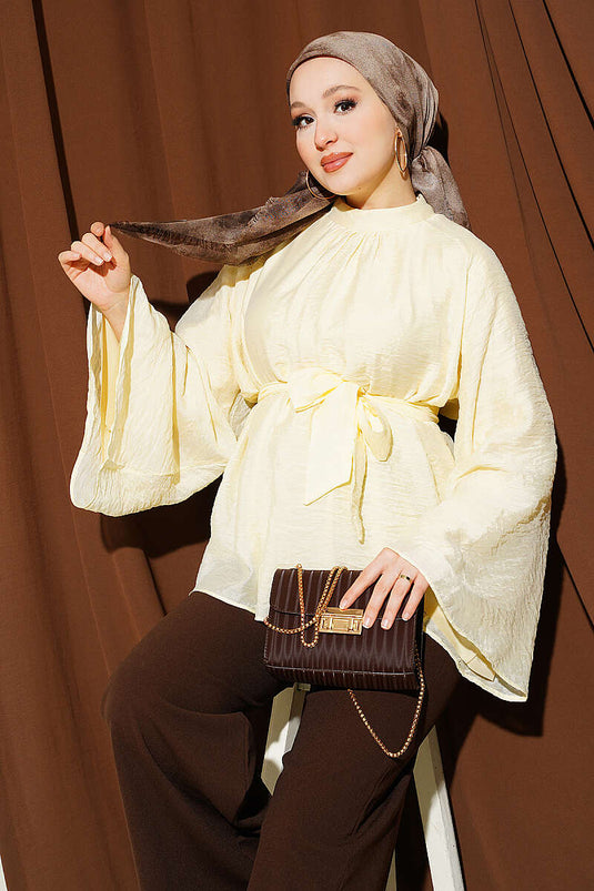 Tunique En Chiffon À Ceinture Et Manches Batwing Jaune