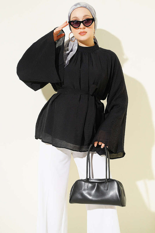 Túnica De Gasa Negra Con Cinturón Y Mangas Batwing