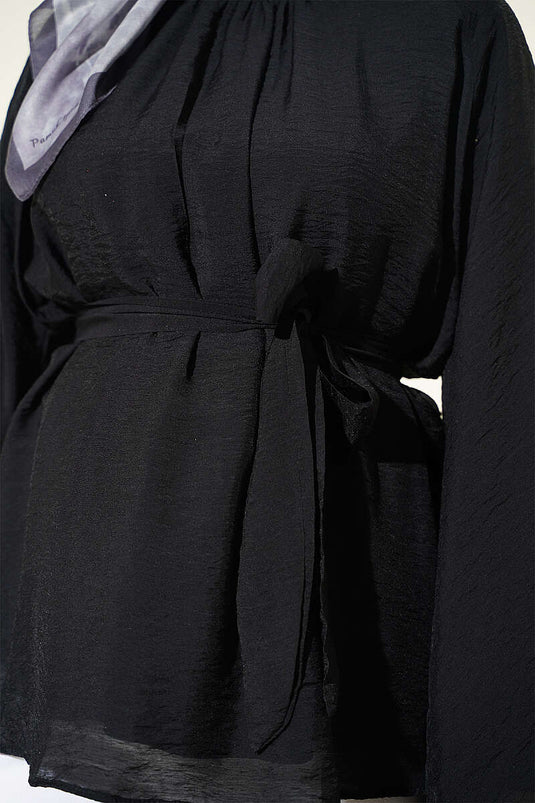 Túnica De Gasa Negra Con Cinturón Y Mangas Batwing