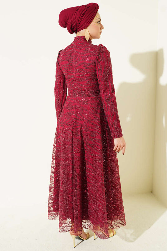 Kuşaklı Simli Pullu Abiye Elbise Bordo