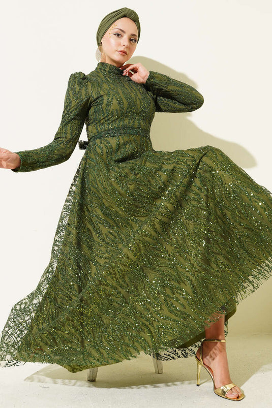 Kuşaklı Simli Pullu Abiye Elbise Haki