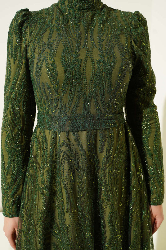 Kuşaklı Simli Pullu Abiye Elbise Haki