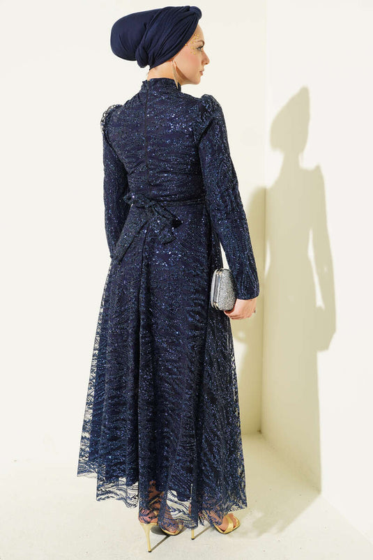 Kuşaklı Simli Pullu Abiye Elbise Lacivert