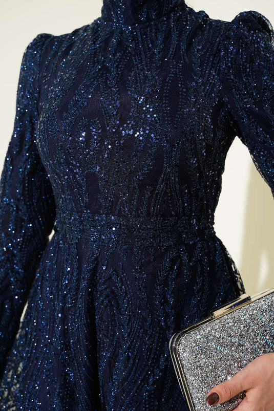 Kuşaklı Simli Pullu Abiye Elbise Lacivert