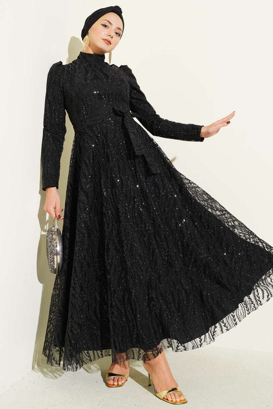 Kuşaklı Simli Pullu Abiye Elbise Siyah