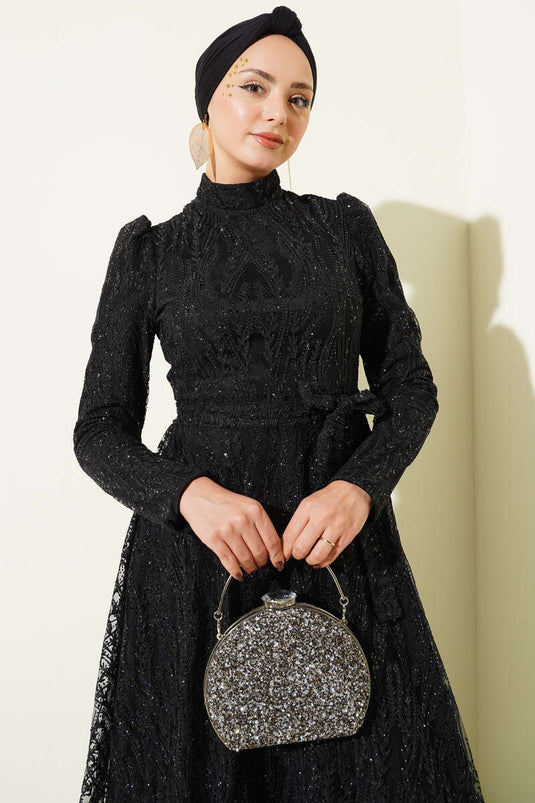 Kuşaklı Simli Pullu Abiye Elbise Siyah