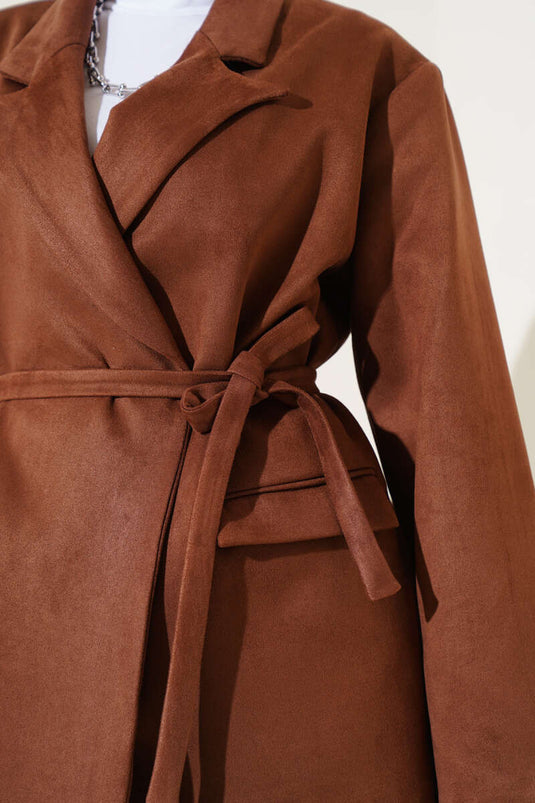 Veste Blazer En Daim Ceinturée Marron