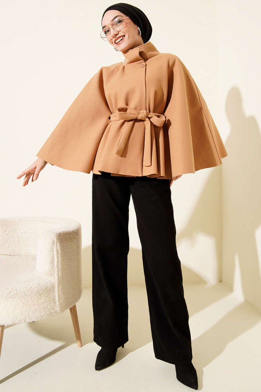 Kuşaklı Tek Düğmeli Panço Camel