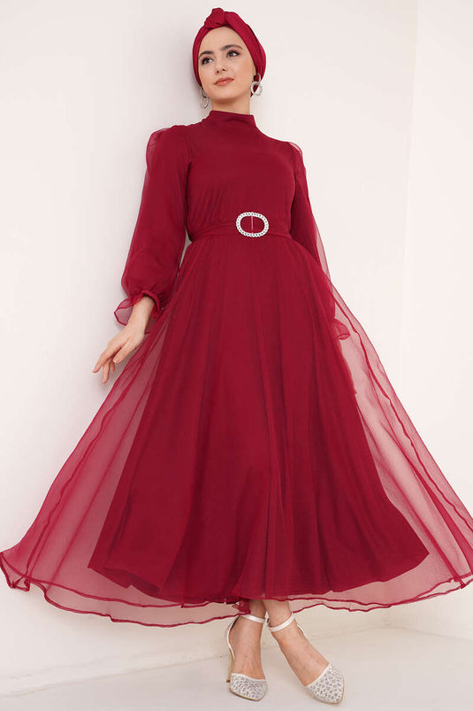 Robe Tulle Ceinturée Rouge Claret