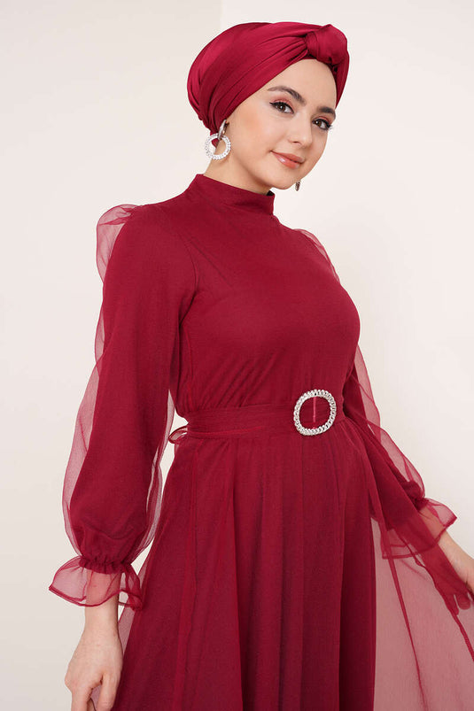 Robe Tulle Ceinturée Rouge Claret