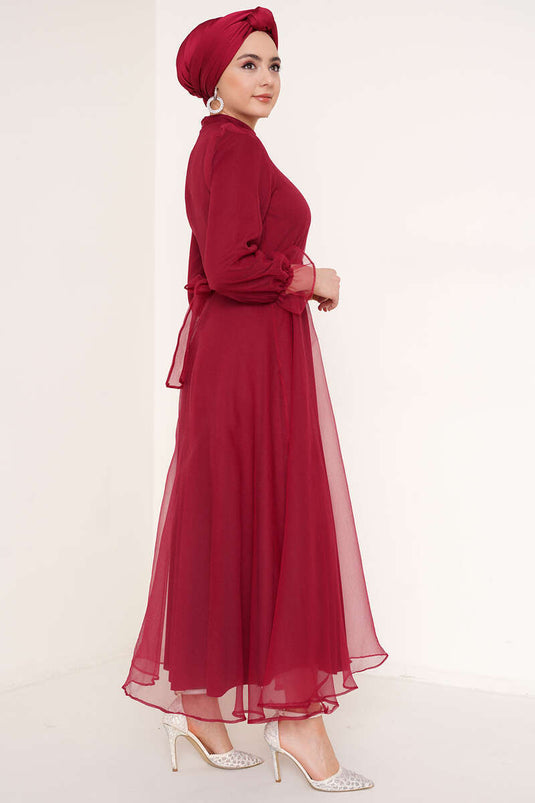 Robe Tulle Ceinturée Rouge Claret