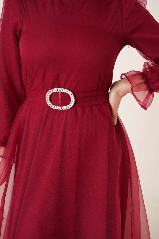 Robe Tulle Ceinturée Rouge Claret