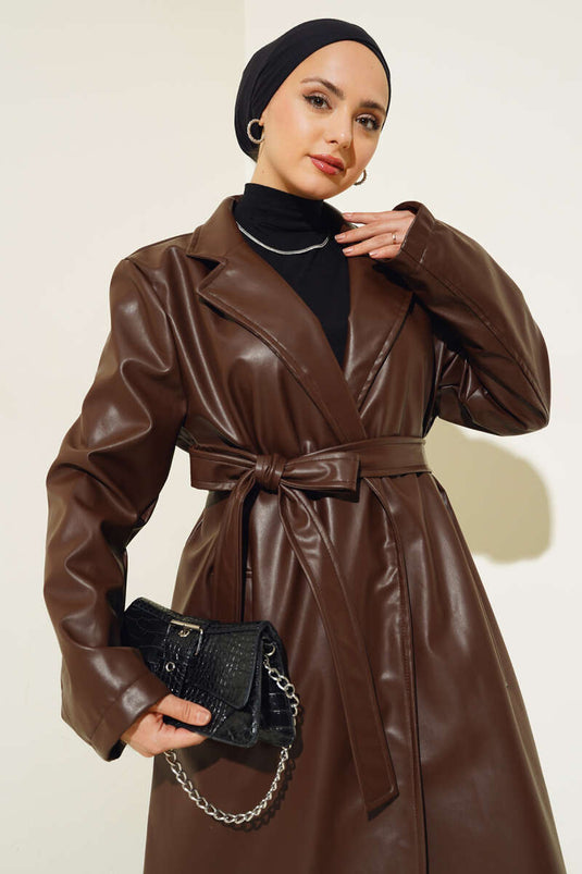 Belted Long Leather Trench Coat Brown