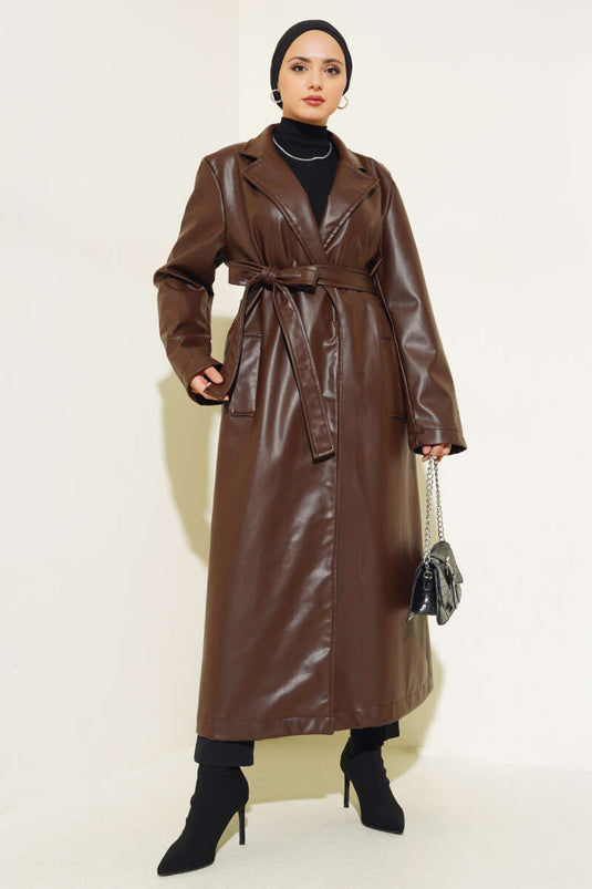 Belted Long Leather Trench Coat Brown