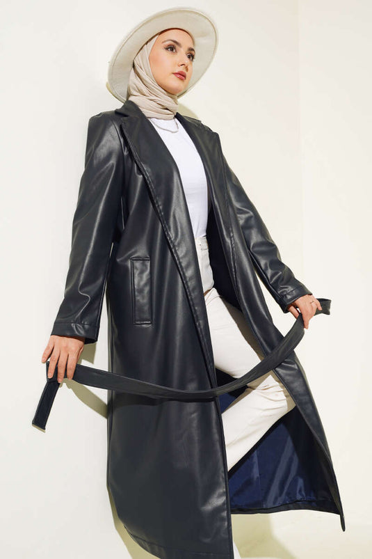 Belted Long Leather Trench Coat Navy Blue