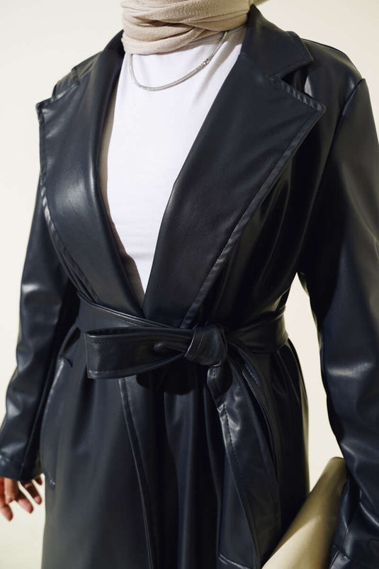 Belted Long Leather Trench Coat Navy Blue