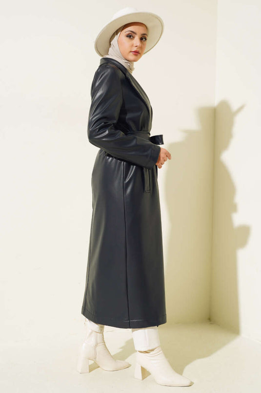 Belted Long Leather Trench Coat Navy Blue