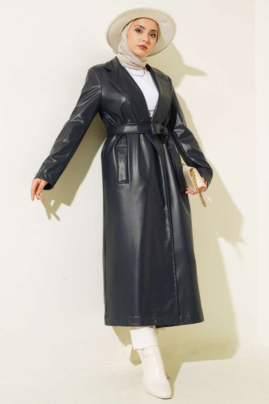 Belted Long Leather Trench Coat Navy Blue