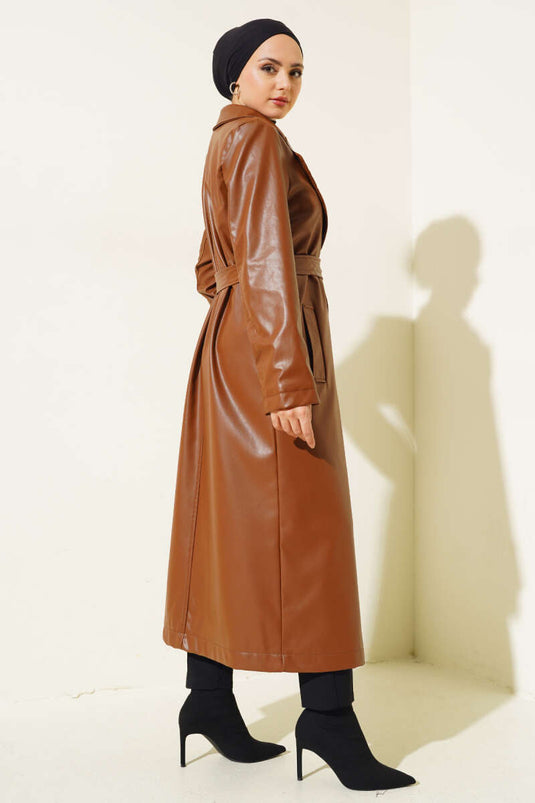 Belted Long Leather Trench Coat Tan