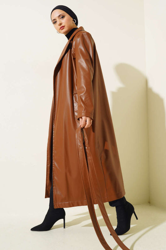 Trench-Coat Long En Cuir Ceinturé Tan