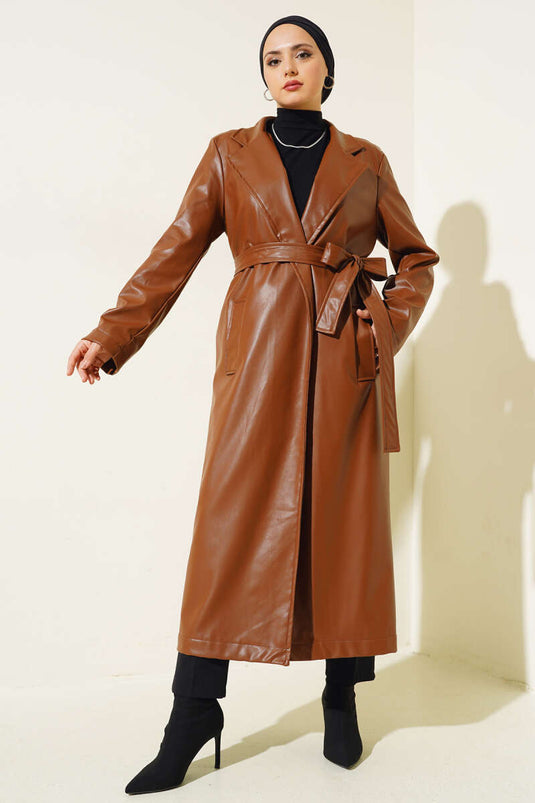 Lange leren trenchcoat met riem, bruin