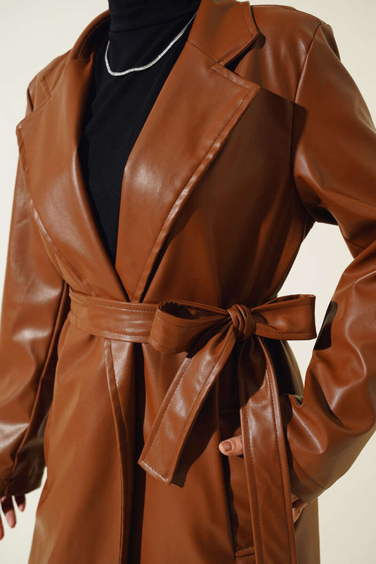 Belted Long Leather Trench Coat Tan