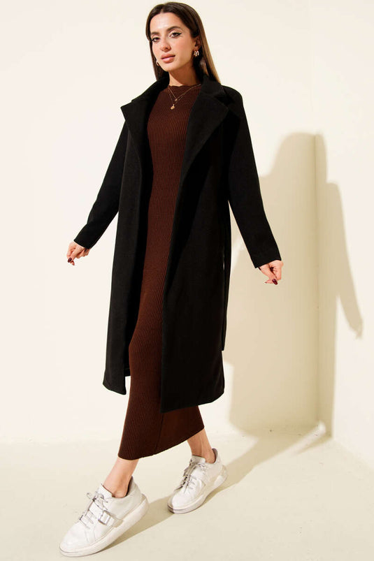 Kuşaklı Uzun Kaşe Kaban Siyah