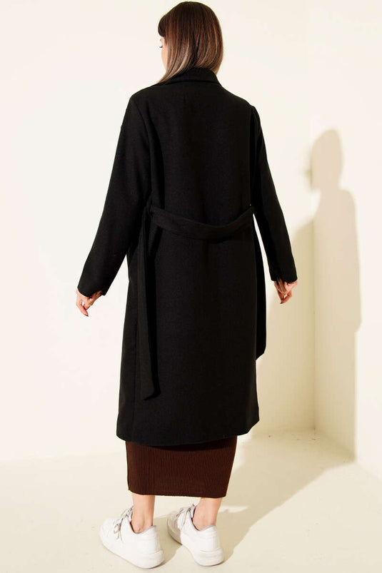 Kuşaklı Uzun Kaşe Kaban Siyah