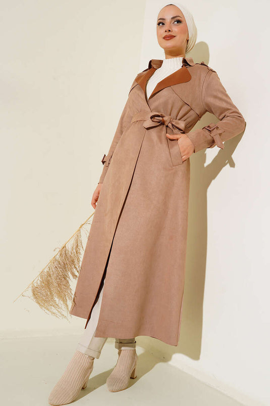 Trench Long En Daim Ceinturé Camel