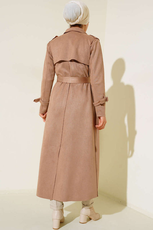 Trench Long En Daim Ceinturé Camel