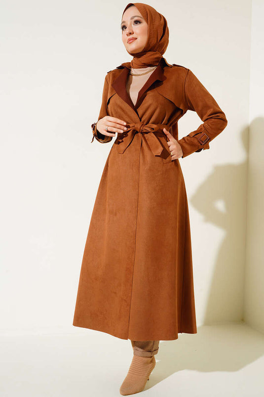 Trench-coat long en daim avec ceinture Tan