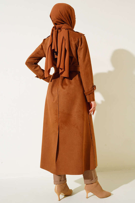 Trench-coat long en daim avec ceinture Tan