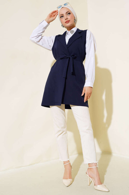 Gilet Long Ceinturé Bleu Marine