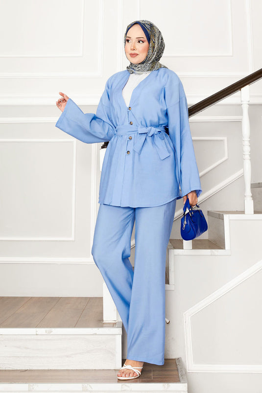 Belted and Buttoned Kimono Set Baby Blue