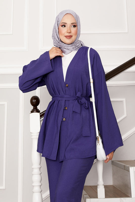 Kuşaklı Ve Düğmeli Kimono Takım Mor
