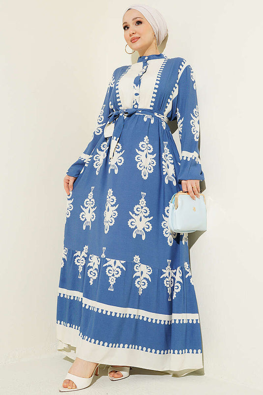 Robe en viscose à motifs avec ceinture et demi-boutons, indigo