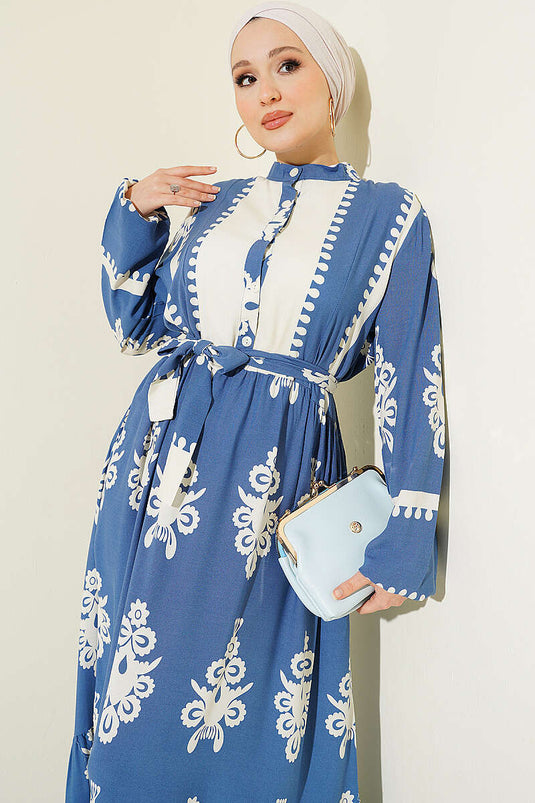 Robe en viscose à motifs avec ceinture et demi-boutons, indigo