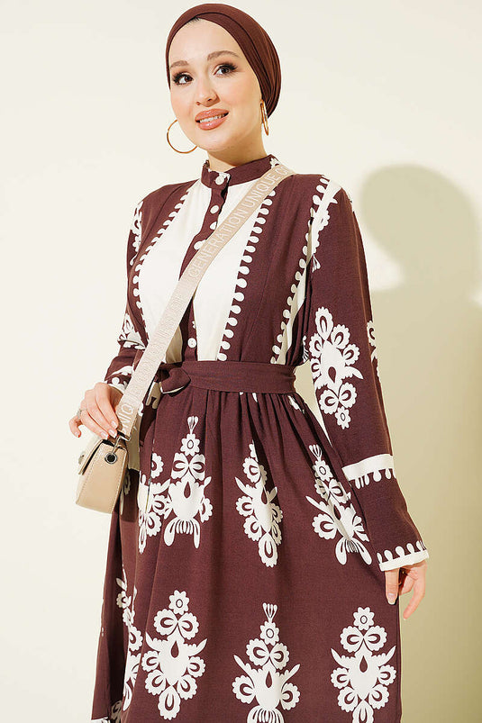 Robe en viscose à motifs avec ceinture et demi-boutons, couleur café