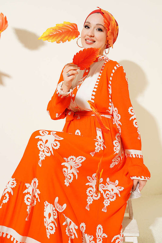 Robe en viscose à motifs avec ceinture et demi-boutons orange